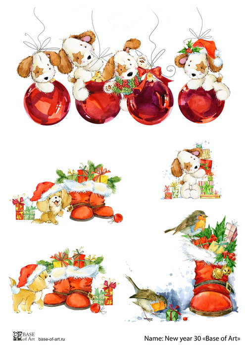 Декупажная карта Рождественские Собаки и подарки, формат А3
